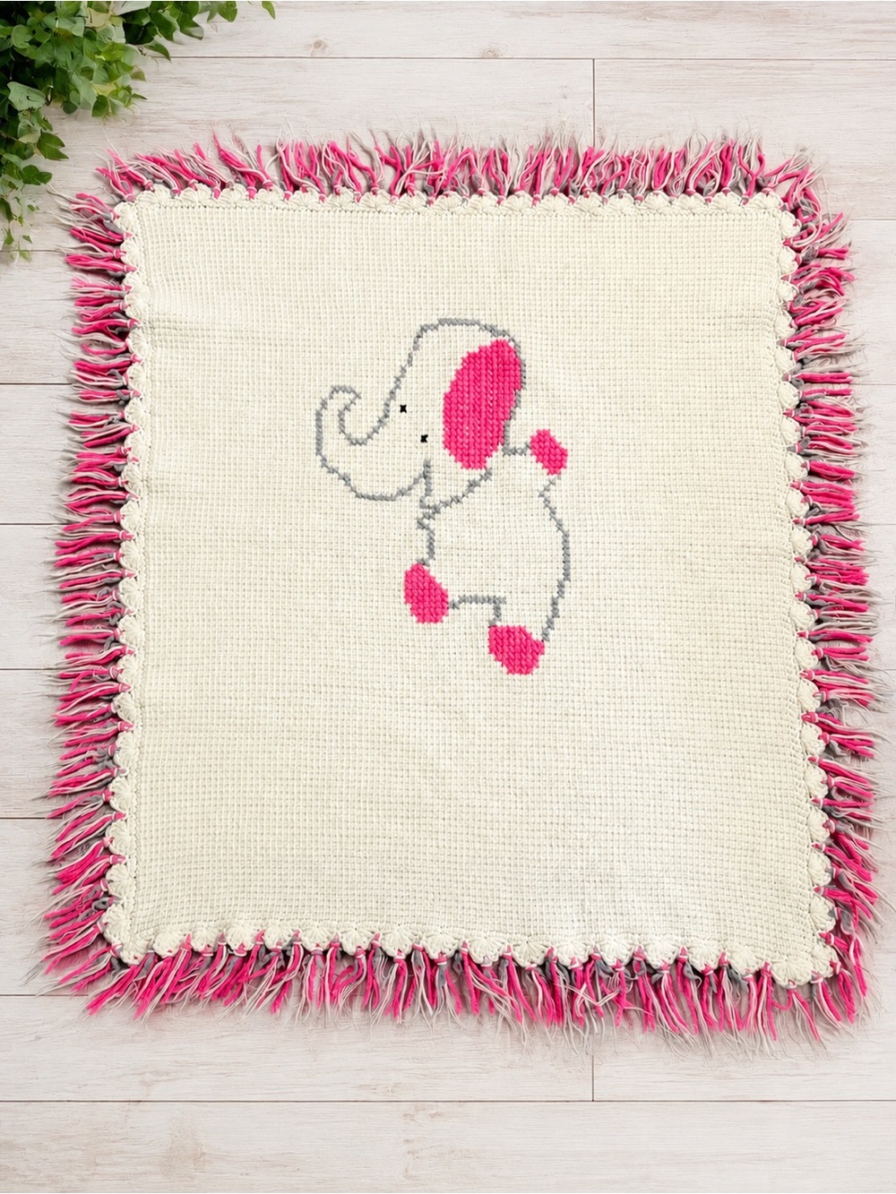 Vintage Handmade Crochet Baby Blanket Elephant Pink Gray Fringe 30x35 Retro